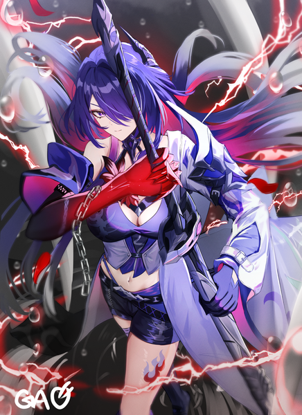 Anime picture 1158x1592 with honkai: star rail honkai (series) acheron (honkai: star rail) gao kawa single long hair tall image looking at viewer fringe purple eyes cleavage purple hair from above hair over one eye midriff floating hair electricity ready to draw girl weapon