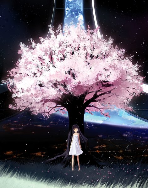 Anime picture 707x900 with original bail single long hair tall image looking at viewer black hair sky cloud (clouds) night sleeveless cherry blossoms city lights girl plant (plants) petals tree (trees) star (stars)