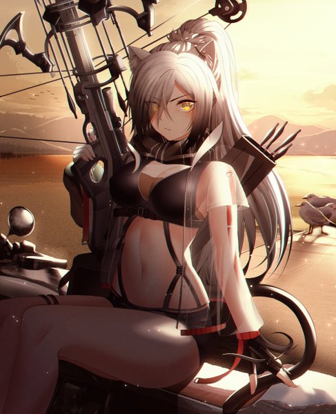 Anime picture 3979x4904 with arknights schwarz (arknights) skarif single long hair tall image looking at viewer fringe highres breasts light erotic sitting holding animal ears yellow eyes payot absurdres sky silver hair cloud (clouds)