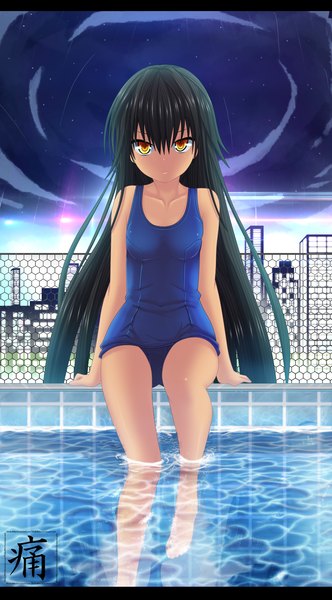 Anime picture 900x1627 with toloveru toloveru darkness xebec master nemesis dhako889 single long hair tall image light erotic black hair smile yellow eyes cloud (clouds) night night sky coloring city girl swimsuit water