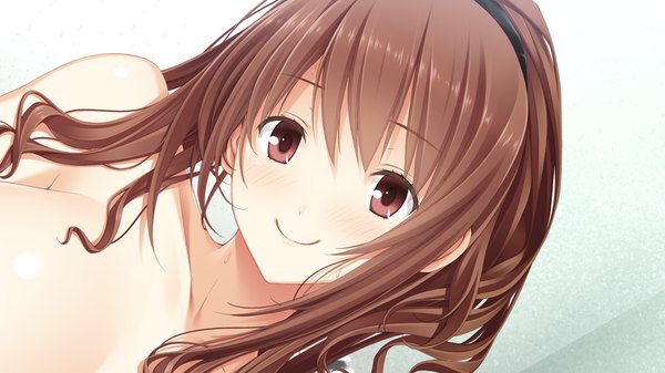 Anime picture 1280x720 with kiss bell giga kajiya ayano mikoto akemi long hair blush light erotic smile red eyes brown hair wide image game cg ponytail girl