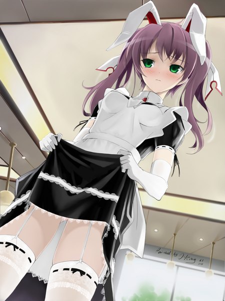 Anime picture 1500x2000 with mayo chiki! feel (studio) usami masamune okingjo single long hair tall image blush twintails green eyes purple hair maid bunny ears girl thighhighs gloves white thighhighs elbow gloves