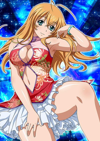 Anime picture 640x903 with ikkitousen sonsaku hakufu single long hair tall image looking at viewer breasts blue eyes light erotic blonde hair girl dress navel short dress