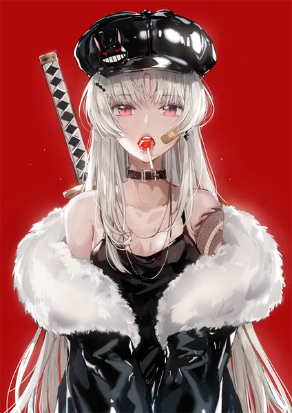 Anime-Bild 750x1061 mit original dangmill single long hair tall image looking at viewer fringe simple background bare shoulders upper body white hair pink eyes off shoulder tattoo fur trim red background food in mouth bandaid on face girl weapon