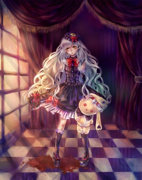 Anime picture 1900x2400 with vocaloid mayu (vocaloid) usano mimi daphne zhang long hair tall image blush highres yellow eyes white hair checkered floor girl dress gloves bow hat socks elbow gloves bowtie black socks