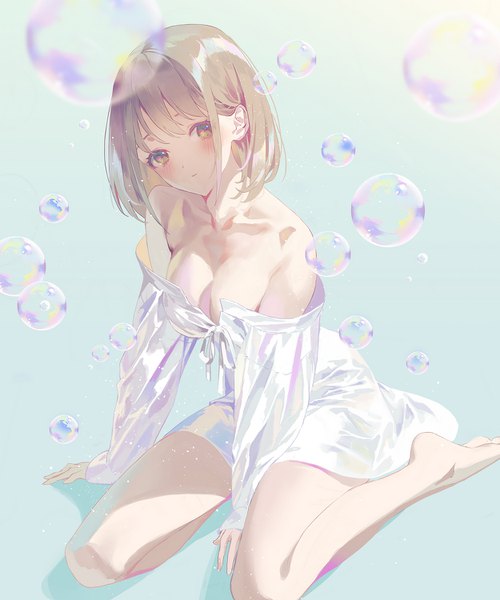 Anime picture 1250x1500 with original fajyobore single tall image looking at viewer blush fringe short hair breasts light erotic simple background brown hair large breasts sitting bare shoulders yellow eyes cleavage full body long sleeves head tilt