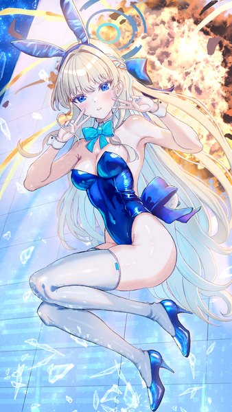 Anime picture 1013x1800 with blue archive toki (blue archive) toki (bunny) (blue archive) zea (zeamilky) single long hair tall image looking at viewer blush fringe breasts blue eyes light erotic blonde hair large breasts bare shoulders animal ears cleavage full body bent knee (knees)