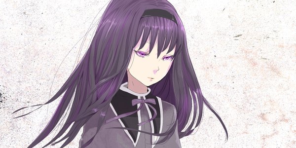 Anime-Bild 1400x700 mit mahou shoujo madoka magica shaft (studio) akemi homura hidezu-i single long hair wide image purple eyes purple hair girl hairband bowtie