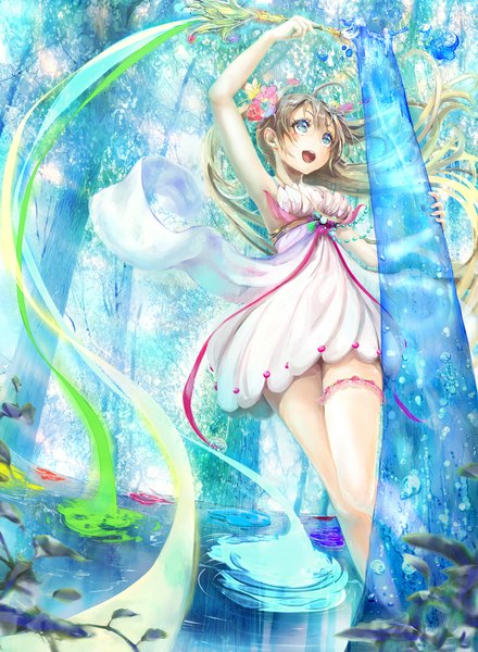 Anime picture 800x1091 with original keepout single long hair tall image open mouth blonde hair holding hair flower aqua eyes wind sleeveless looking up girl dress hair ornament flower (flowers) plant (plants) tree (trees) water