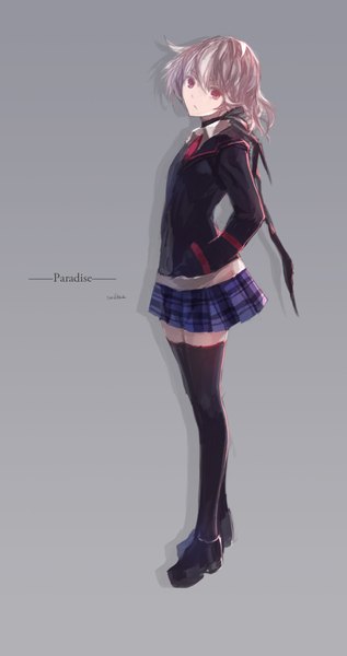 Anime picture 1063x2008 with original pixiv fantasia pixiv fantasia fallen kings paradise (character) swd3e2 single long hair tall image looking at viewer simple background red eyes pink hair grey background shadow zettai ryouiki character names plaid skirt hands in pockets girl thighhighs