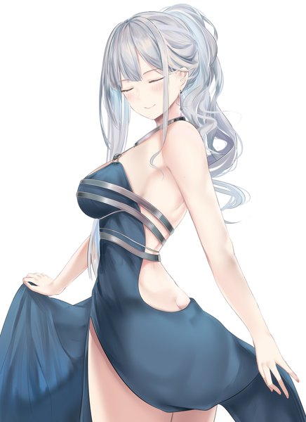 Anime picture 1600x2200 with girls frontline ak-12 (girls frontline) ru zhai single long hair tall image blush fringe breasts light erotic simple background smile standing white background payot silver hair ass ponytail eyes closed dress lift