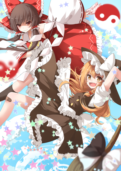 Anime picture 2480x3507 with touhou hakurei reimu kirisame marisa transistor (poppy) long hair tall image blush highres open mouth black hair blonde hair red eyes multiple girls brown eyes traditional clothes miko witch girl dress bow