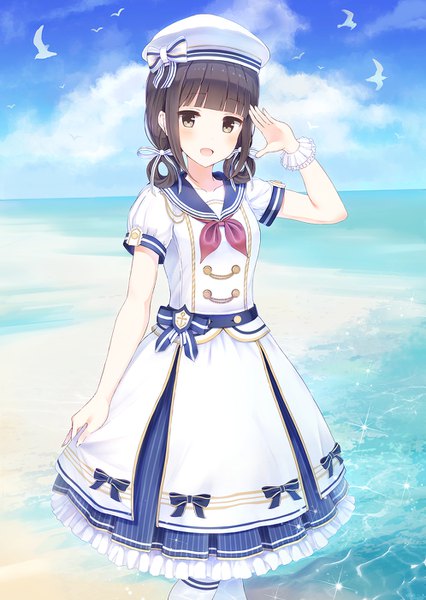 Anime picture 995x1400 with original alc (ex2 lv) single long hair tall image blush fringe open mouth brown hair brown eyes sky cloud (clouds) blunt bangs sparkle horizon sailor collar hair rings salute girl dress