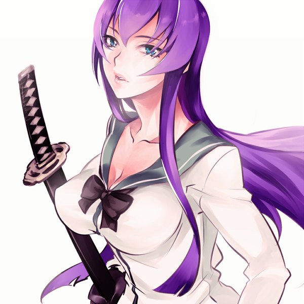 Anime picture 1000x1000 with highschool of the dead madhouse busujima saeko tamachi kuwa single long hair looking at viewer fringe breasts blue eyes simple background large breasts white background holding cleavage purple hair from above lips no bra girl