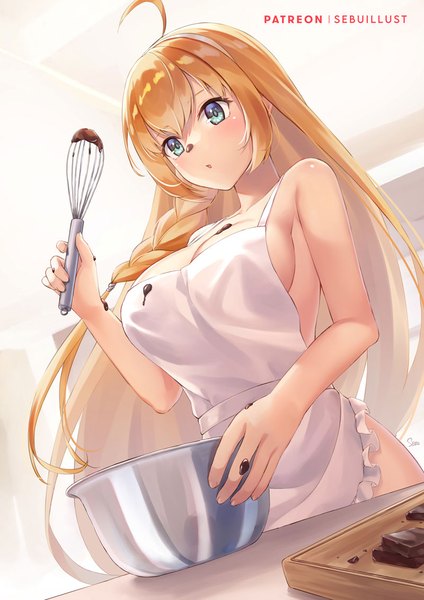 Anime picture 800x1131 with princess connect! re:dive princess connect! pecorine (princess connect!) sebu illust single long hair tall image fringe breasts light erotic blonde hair hair between eyes large breasts ahoge aqua eyes from below sideboob valentine naked apron chocolate on breasts