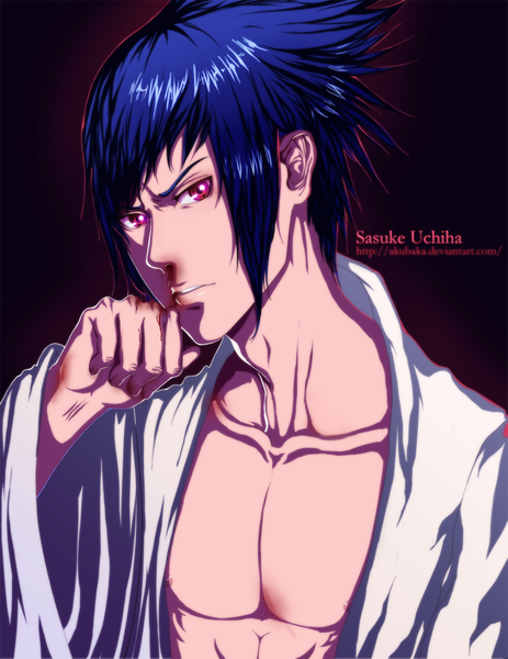 Anime picture 1082x1400 with naruto studio pierrot naruto (series) uchiha sasuke akubaka single tall image short hair simple background red eyes blue hair japanese clothes inscription black background portrait muscle sharingan boy kimono blood