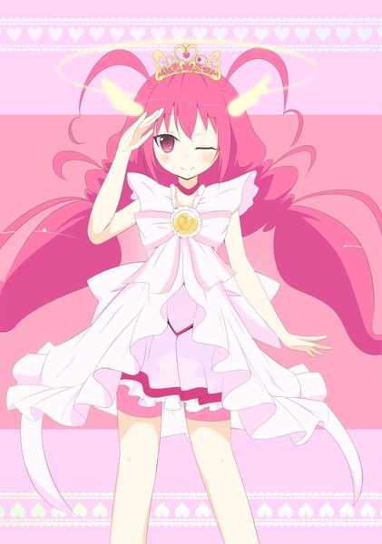 Anime picture 1200x1710 with precure smile precure! toei animation hoshizora miyuki cure happy yuuyu single tall image smile twintails pink hair very long hair one eye closed pink eyes wink girl dress tiara