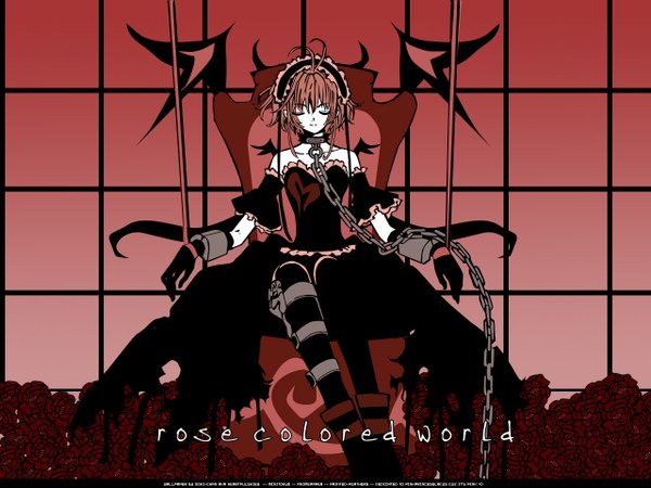 Anime picture 1280x960 with tsubasa reservoir chronicle clamp sakura hime heartfulskies single short hair brown hair sitting ahoge eyes closed red background third-party edit gothic girl flower (flowers) rose (roses) chain red rose shackles sakura-hime