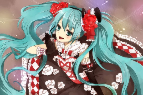 イラスト 1200x800 と ボーカロイド 初音ミク ツクモ tukumoon218 長髪 ツインテール aqua eyes aqua hair 女の子 ドレス 手袋 髪飾り 帽子 長手袋 マイク ミニハット ミニトップハット