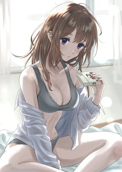 Anime picture 2508x3541 with original kuroneko w1nter single long hair tall image blush fringe highres breasts blue eyes light erotic hair between eyes brown hair large breasts sitting bare shoulders holding cleavage indoors nail polish