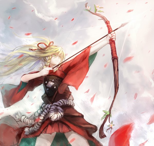 Anime picture 1048x992 with original pixiv fantasia pixiv fantasia sword regalia ryuuzaki ichi single long hair blonde hair green eyes sky cloud (clouds) ponytail braid (braids) japanese clothes sunlight girl petals belt armor bow (weapon) arrow (arrows)