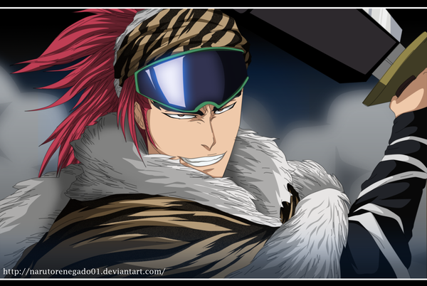 Anime picture 1300x872 with bleach studio pierrot abarai renji narutorenegado01 single long hair smile brown eyes ponytail red hair grin coloring smoke boy weapon fur goggles bandana huge weapon huge sword