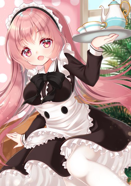 Anime picture 1414x2000 with original mirai (happy-floral) single long hair tall image looking at viewer blush open mouth holding pink hair indoors :d pink eyes maid tea set girl uniform pantyhose headdress maid headdress