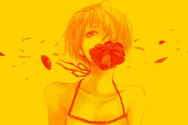 Anime picture 1200x800 with original otimusyairoha (yellowhlnch) single looking at viewer fringe short hair blonde hair bare shoulders holding hair over one eye inscription grey eyes mouth hold yellow background flower in mouth girl flower (flowers) petals camellia (flower)