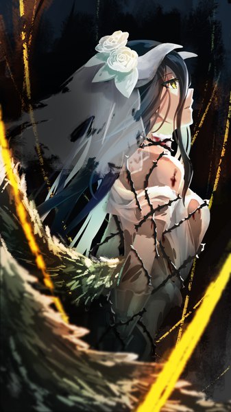 Anime picture 1080x1920 with overlord (maruyama) madhouse albedo (overlord) kmchi single long hair tall image fringe breasts light erotic black hair hair between eyes large breasts standing bare shoulders yellow eyes upper body parted lips profile hair flower