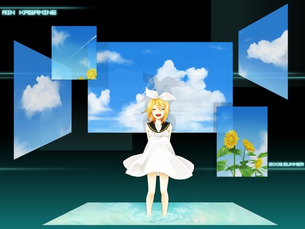Anime picture 1024x768 with vocaloid kagamine rin single fringe short hair open mouth blonde hair hair between eyes standing sky cloud (clouds) eyes closed character names partially submerged ^ ^ sailor collar 2009 girl flower (flowers) bow