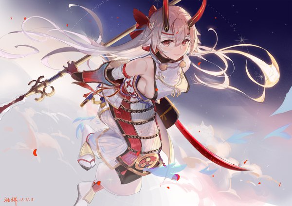 Anime picture 1200x848 with fate (series) fate/grand order tomoe gozen (fate) rabbit (tukenitian) single long hair looking at viewer blush fringe breasts light erotic hair between eyes red eyes holding signed silver hair cloud (clouds) traditional clothes japanese clothes horn (horns)