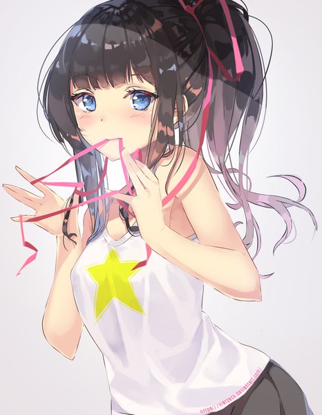 Anime picture 1700x2190 with original vierzeck single long hair tall image looking at viewer blush blue eyes black hair simple background holding payot upper body ponytail grey background sleeveless mouth hold star print ribbon in mouth girl