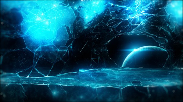 Anime picture 2560x1440 with original y y (ysk ygc) highres wide image wallpaper lens flare blue background no people space abstract crack star (stars) planet