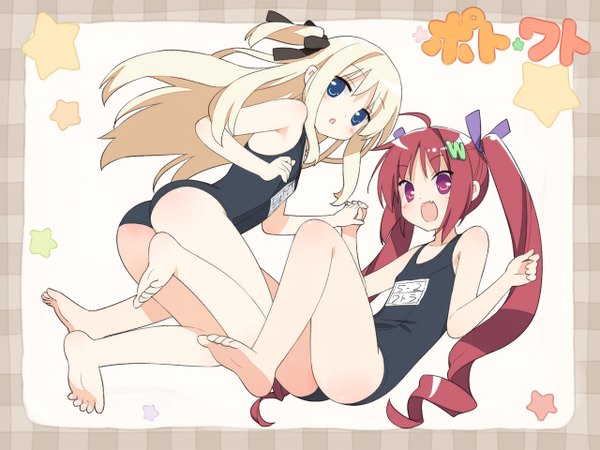 Anime picture 1280x960 with original shimotsuki potofu hazuki watora peko long hair open mouth blue eyes light erotic blonde hair red eyes twintails multiple girls animal ears red hair animal tail holding hands lolicon girl 2 girls swimsuit