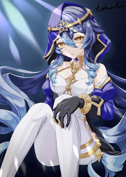 Anime picture 4299x6071 with genshin impact layla (genshin impact) taka matu single long hair tall image looking at viewer fringe highres open mouth light erotic hair between eyes sitting twintails bare shoulders brown eyes signed blue hair absurdres long sleeves