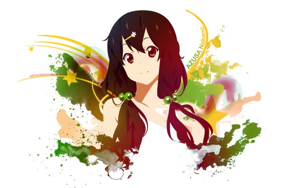 Anime picture 1440x900 with k-on! kyoto animation nakano azusa single long hair black hair smile wide image twintails bare shoulders brown eyes signed inscription low twintails hand on chest vector girl dress hair ornament white dress