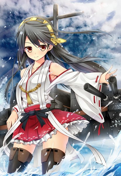 Anime picture 759x1100 with kantai collection haruna battleship single long hair tall image looking at viewer blush black hair brown eyes cloud (clouds) girl thighhighs hair ornament weapon black thighhighs
