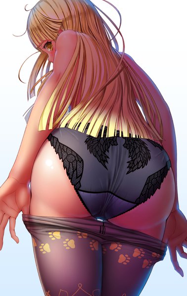 Anime picture 2619x4158 with bang dream! tsurumaki kokoro akano murasaki single long hair tall image looking at viewer fringe highres light erotic simple background blonde hair standing white background bare shoulders yellow eyes payot ass blunt bangs profile