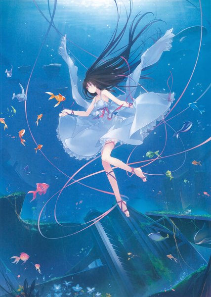 Anime picture 2350x3300 with original eshi 100-nin ten ruroo single long hair tall image highres black hair barefoot black eyes scan official art bare legs underwater girl ribbon (ribbons) animal sundress fish (fishes) musical instrument