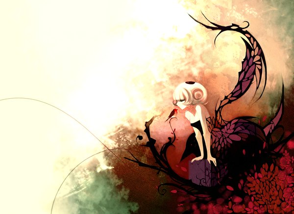 Anime picture 1400x1019 with original nanomortis (artist) single short hair blonde hair red eyes bare shoulders eyes closed profile silhouette girl plant (plants) animal petals bird (birds)