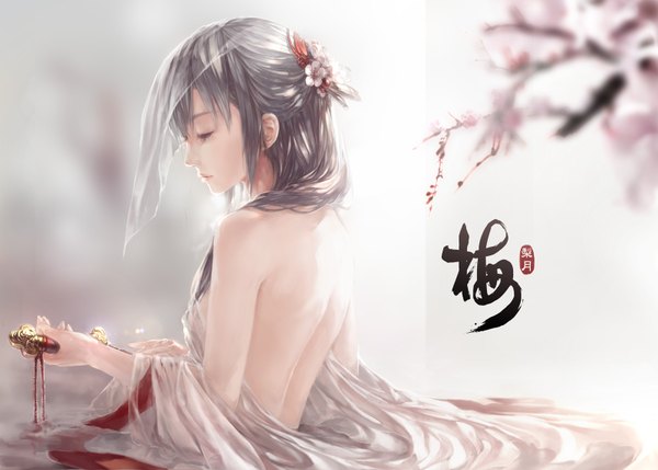 Anime picture 1600x1144 with original ritsuki single long hair bare shoulders eyes closed grey hair grey eyes cherry blossoms back half updo bare back girl hair ornament weapon dagger