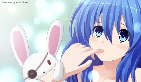 Anime picture 1900x1106 with date a live yoshino (date a live) yoshinon kazenokaze single long hair blush highres blue eyes wide image signed blue hair looking up saliva finger licking finger in mouth girl toy stuffed animal hand puppet