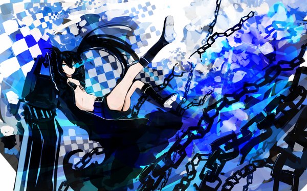Anime picture 1920x1200 with black rock shooter black rock shooter (character) tone g (artist) long hair highres blue eyes black hair wide image twintails glowing scar glowing eye (eyes) checkered girl weapon shorts chain bikini top huge weapon