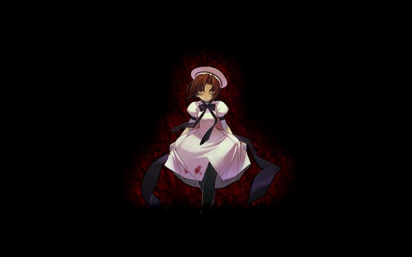 Anime picture 1680x1050 with higurashi no naku koro ni studio deen ryuuguu rena single fringe short hair brown hair wide image eyes closed light smile black background bloody clothes curtsey girl dress bow pantyhose white dress black pantyhose blood