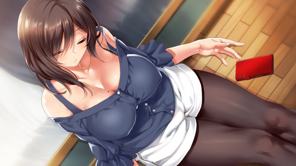Anime picture 1920x1080 with original cle masahiro single long hair blush fringe highres breasts light erotic hair between eyes brown hair wide image large breasts sitting bare shoulders cleavage indoors eyes closed parted lips from above