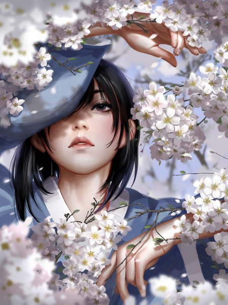 Anime picture 1500x2000 with original liang xing single tall image looking at viewer fringe short hair black hair upper body outdoors traditional clothes parted lips japanese clothes arm up lips black eyes realistic mole wide sleeves depth of field