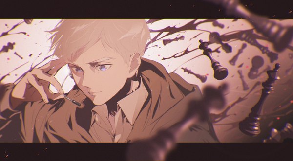 Anime picture 5604x3092 with yakusoku no neverland cloverworks norman (yakusoku no neverland) awarin single highres short hair blue eyes wide image looking away absurdres upper body white hair letterboxed boy headphones headset chess