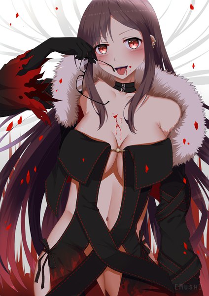Anime picture 900x1273 with fate (series) fate/grand order yu mei-ren (fate) bima rahmaa single long hair tall image looking at viewer blush breasts open mouth light erotic simple background red eyes brown hair large breasts standing signed fang (fangs) fur trim