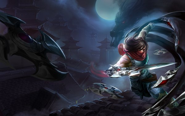 Anime picture 1400x875 with league of legends talon (league of legends) long hair black hair wide image brown eyes boy weapon moon mask dragon roof