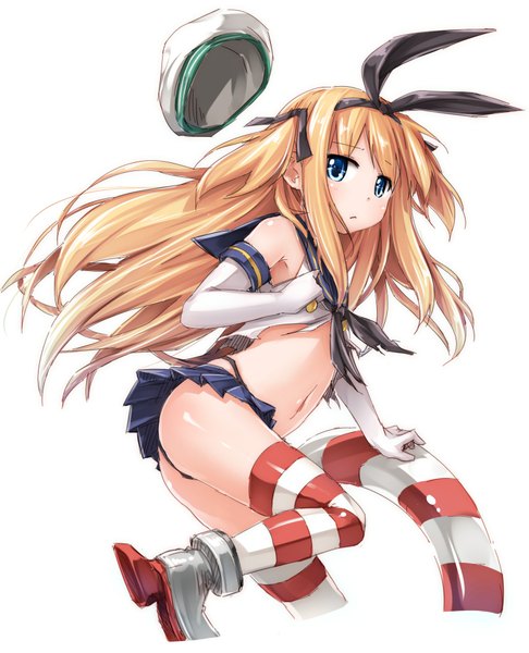 Anime picture 1500x1850 with kantai collection shimakaze destroyer moegi nenene single long hair tall image blush blue eyes light erotic simple background blonde hair white background bare shoulders girl thighhighs gloves navel underwear panties ribbon (ribbons)
